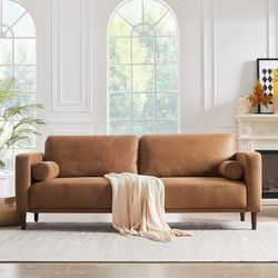 C(contact info removed)9" Brown Faux Leather Couch for Living Room, Mid-Century Modern Sofa