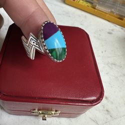 925 Sterling silver, designer Carolyn Pollack Ring , genuine gemstones turquoise , malachite , &Sugilite, size 8 , hallmarked Roderick Tenero , Caroly