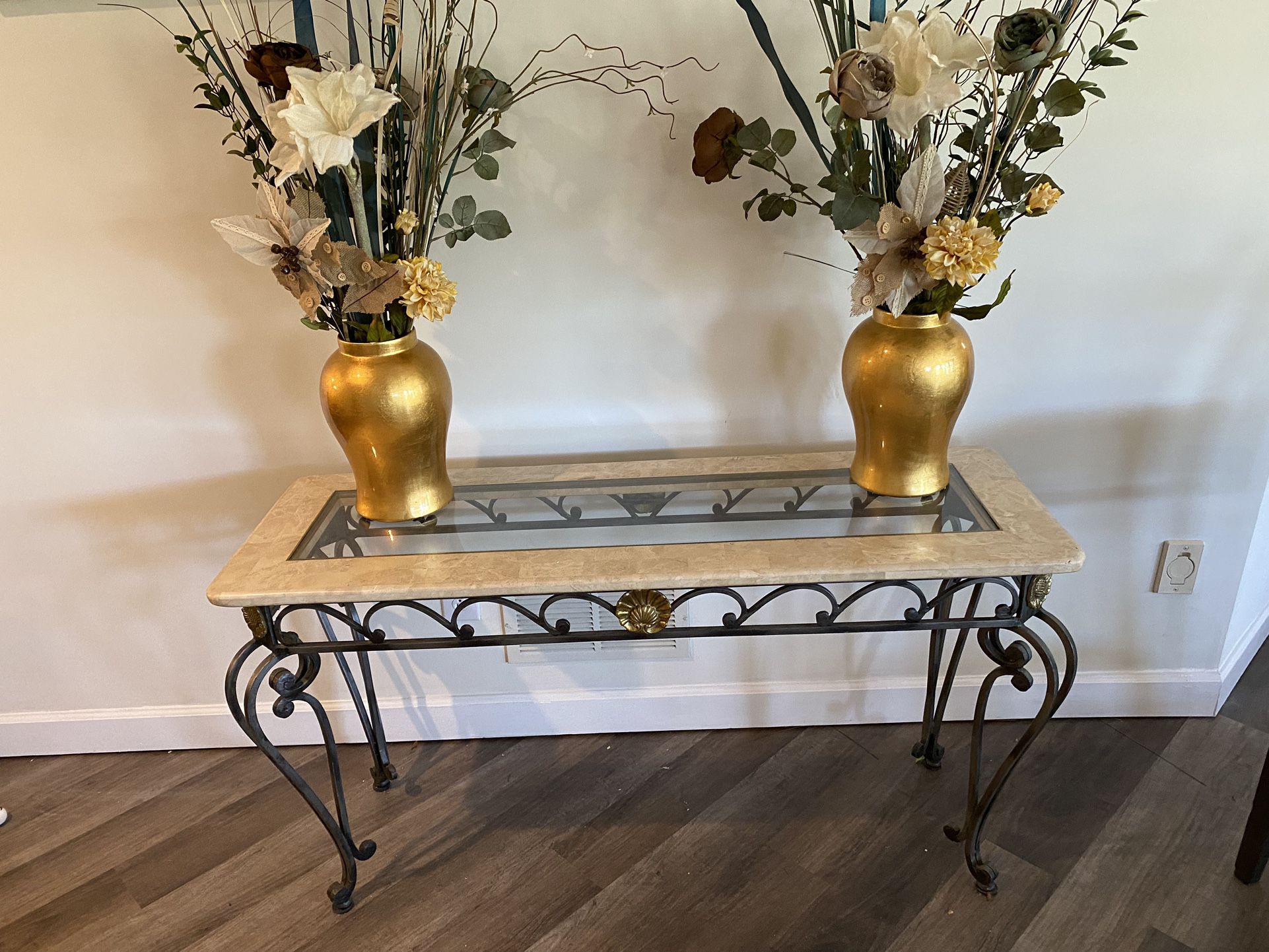Vintage Marble And  Glass Top Wrought iron Table