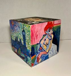 Vintage Oil on Wooden Cube Reproduction of André Derain Famous Artworks 6" x 6"