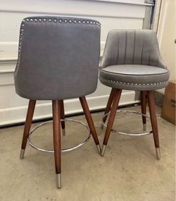24" Swivel Bar Stools Set of 2, Counter Height BarStools with Back, Leather Swivel Kitchen Stools with Wood Legs and Footrest, Upholstered Pub White B