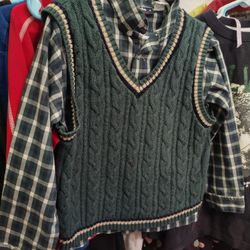 Happy Fella Green Plaid Dress Shirt And Matching Woolen Vest For Boys 