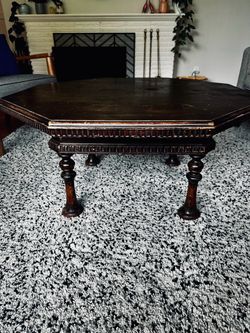 Vintage Octagonal Dark Wood Coffee Table - Solid, Ornate Design