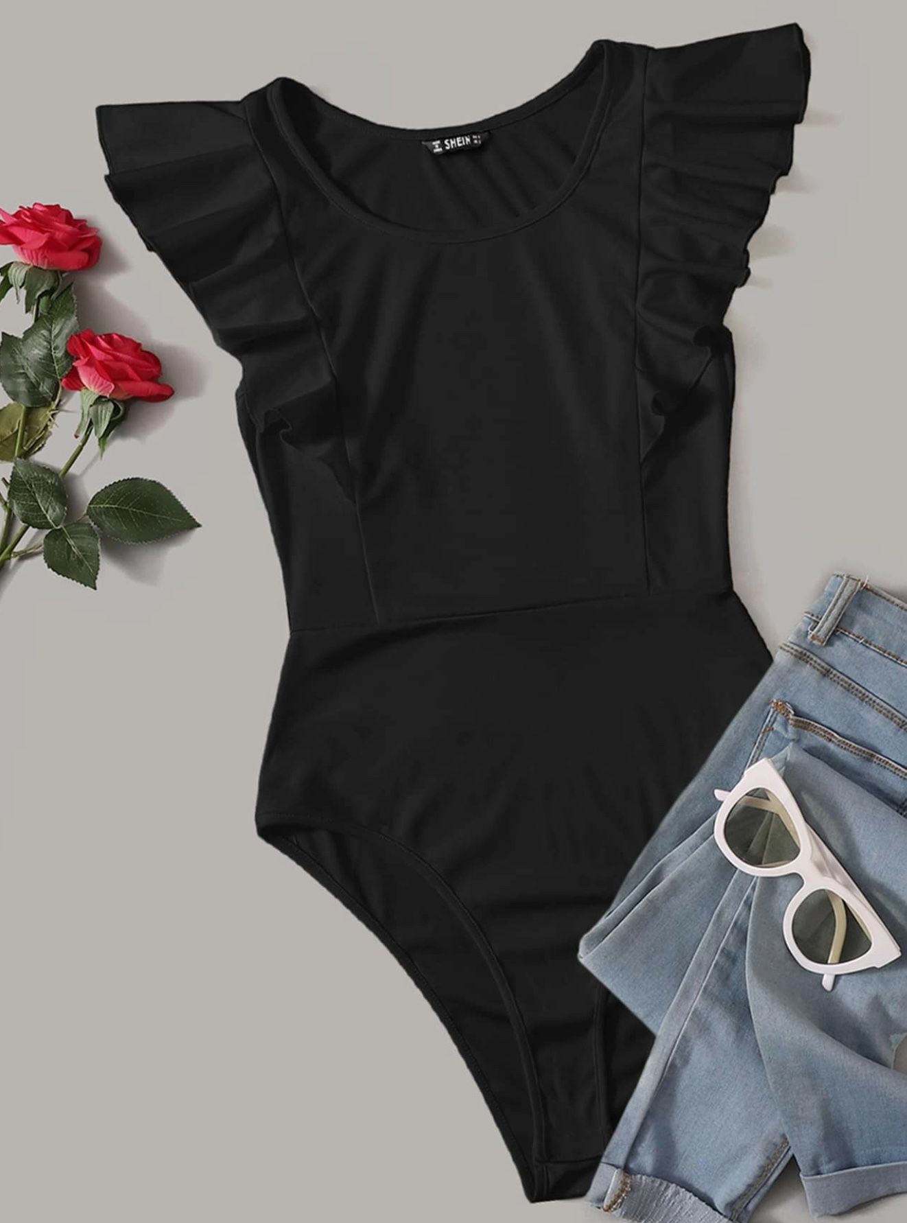 SHEIN Black Bodysuit With Ruffle Shoulders (Size S/4)