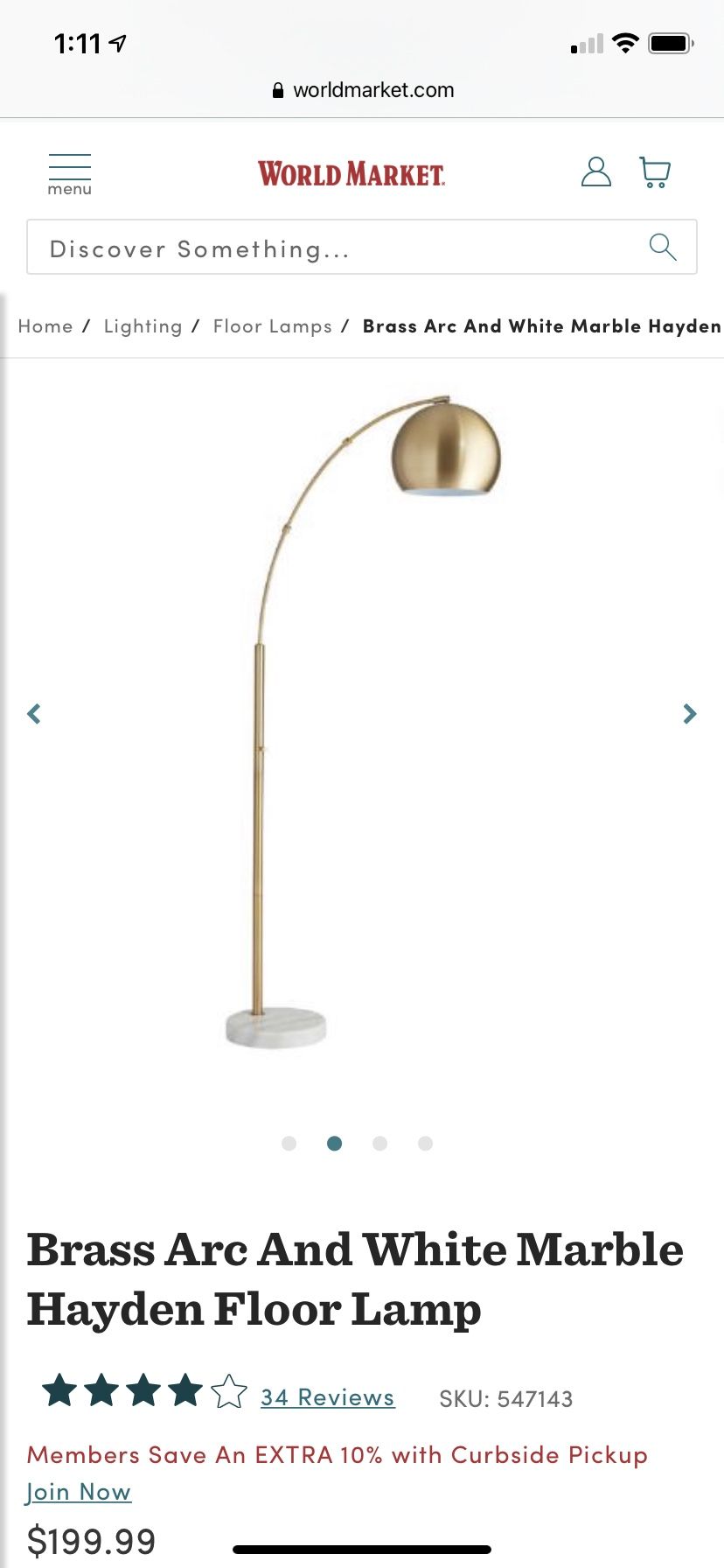 Brass Arc And White Marble Hayden Floor Lamp