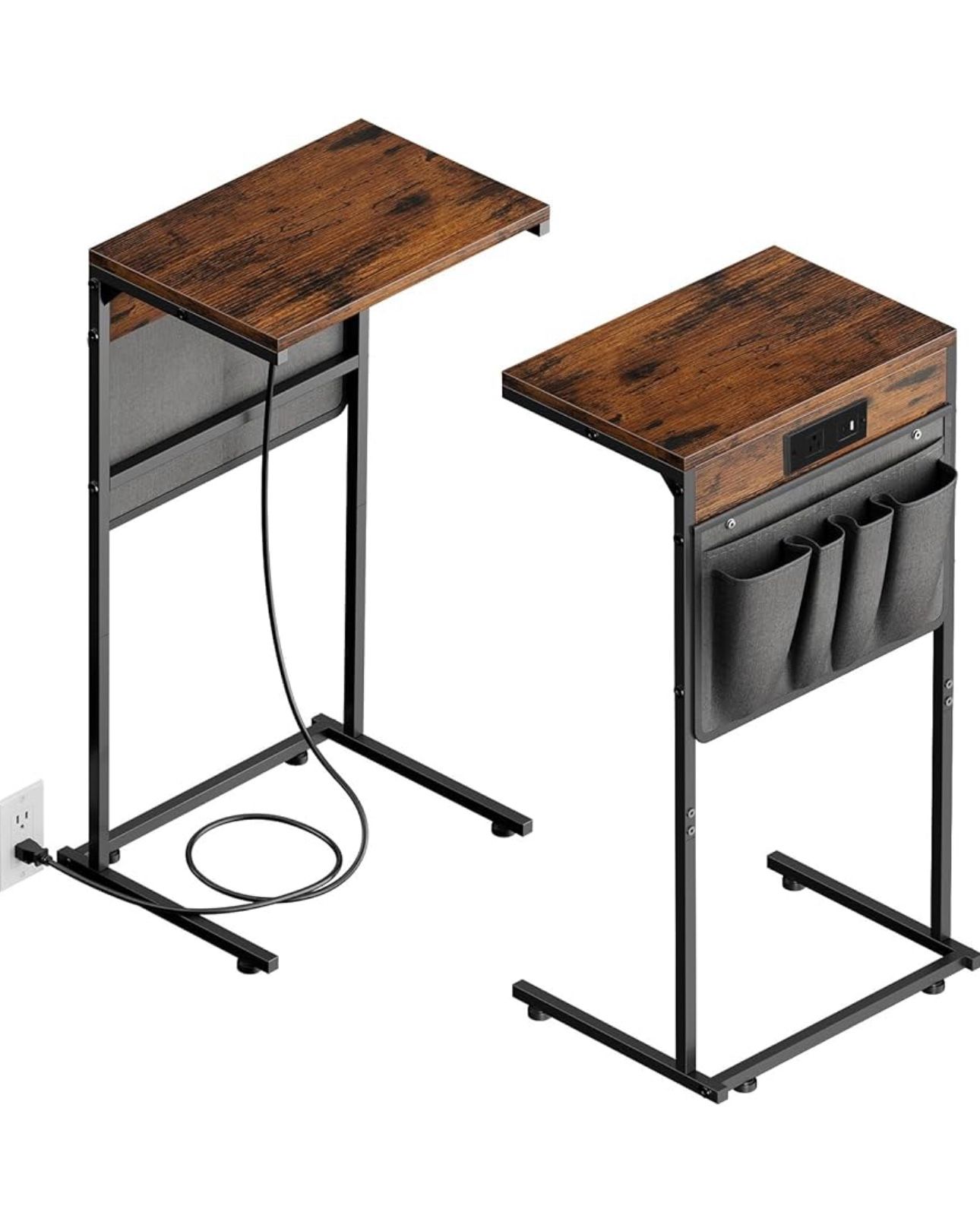 C Shaped End Table with Charging Station Set of 2, Small Side Table with Storage Bag for Couch and Recliner, Slide Under Sofa Tray for Living Room, Be
