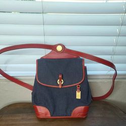 Vintage Dooney & Bourke Blue  Chambray & Red  Leather Backpack
