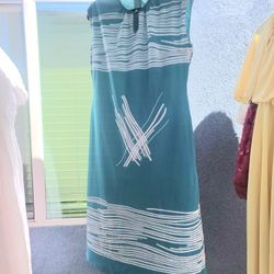 Vintage Teal Graphic A-Line Dress with White Stripes