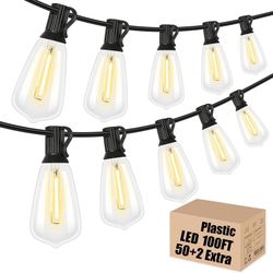 100FT Waterproof Dimmable Outdoor String Lights for Patio with 50+2 Shatterproof ST38 Vintage Edison Bulbs, 2200K Hanging Patio Lights Strand