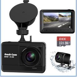 Dash Cam Front and Rear, 2.5K+1080P Dual Dash Camera for Cars with 32GB SD Card, 2.45 inch IPS Screen, 2 Mounting Ways, Night Vision, WDR, Accident Lo