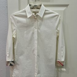 Burberry Brit Women’ White Cotton Button-Up Shirt Plaid Trim Long Sleeve Size XS