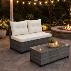 2-Pc Outdoor Patio Gray Wicker Conversation Set - 41" Armless Loveseat (w/ Beige Cushions) & 46.8" Glass Top Coffee Table [NEW]  **Assembly Required