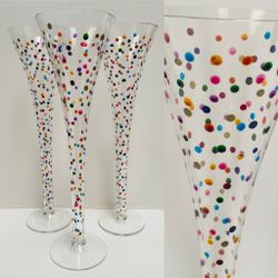 Set of 3 Champagne Flutes With Hand Painted Polka Dots