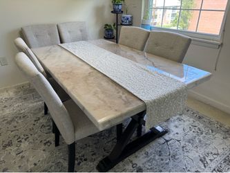 6-Seater Marble Top Dining Table Set + 6 Chairs and Seat Covers