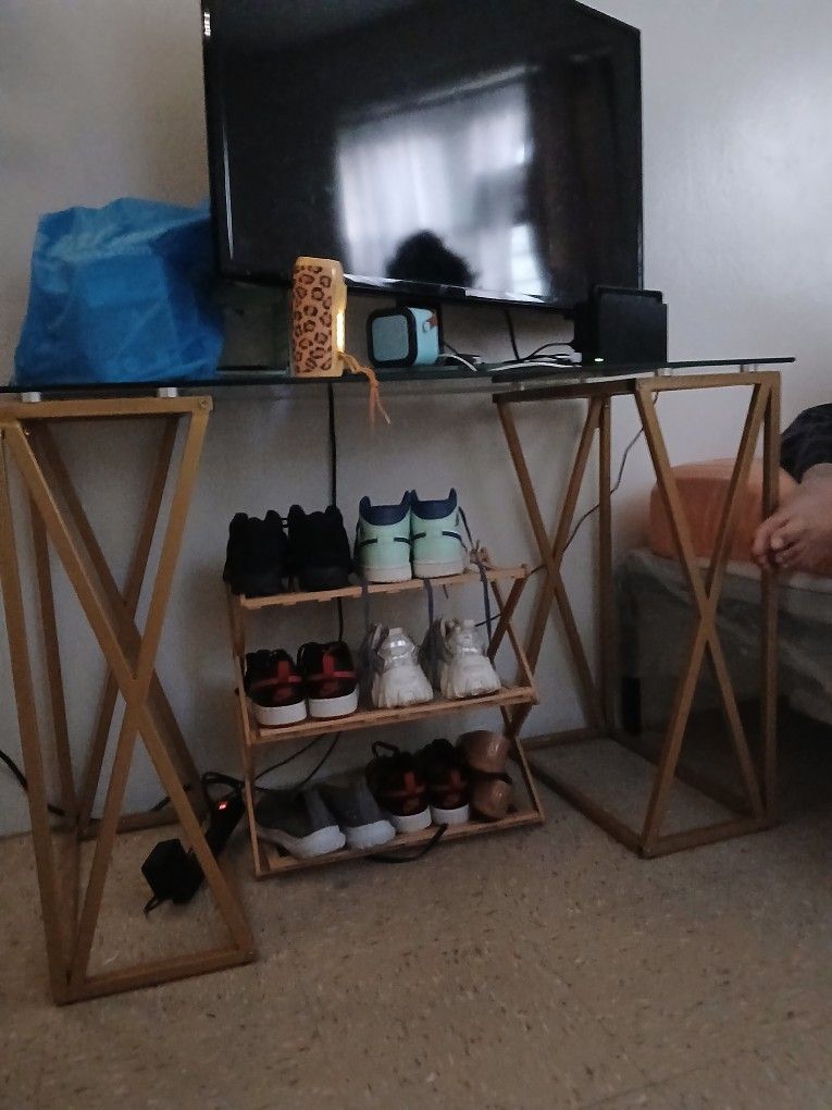 Work Desk Or TV Stand Gold Glass Table Like New