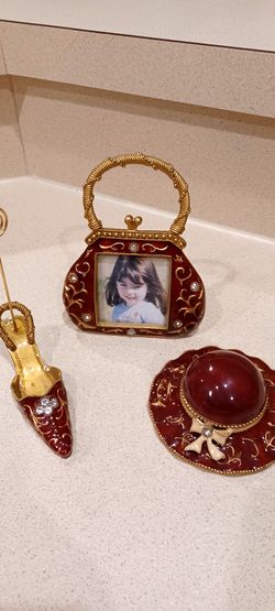 3pc Pewter Photo Frame, Card Holder, & jewerly Box. Red Laquer. 
