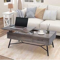Lift Top Coffee Table with USB Charging Ports and Outlets, Birch Wood Central Table with Hidden Storage and Drawer