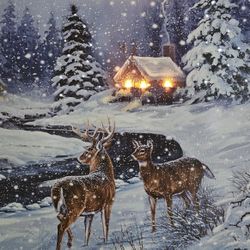 $35.00 - 2FT Christmas LED CANVAS Wall Art!  Warm White Lighted Cabin & Bright White Lights On Trees!  "Forest Friends" Scene/Like New!!