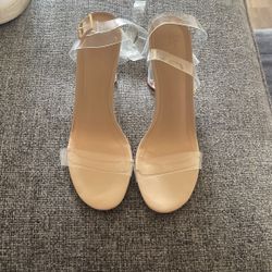Just Fab- Nude & Clear Ankle Wrap Heels 