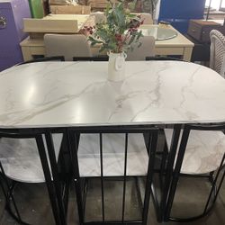7-Piece Dining Table Set with Metal Frame and Faux Marble Desktop, Compact Kitchen Table Set Furniture with Triangular Chair and Adjustable Feet for 6