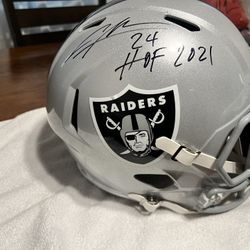 Oakland Raiders Star Cornerback In Hall Of Famer, Charles Woodson Signed Full Size Raiders Helmet With HOF Inscription