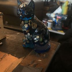 Fenton Indigo Blue Glass Cat Figurine 