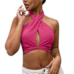 Pink Criss Cross Halter Crop Top – Y2K Knit Tie-Back (Small)