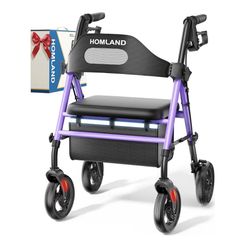 HOMLAND Foldable Rollator Walkers with Seat for Seniors, 8'' Big Wheels, 350 lb. Weight Capacity, Adjustable Handles and Seat Height, Lightweight Roll