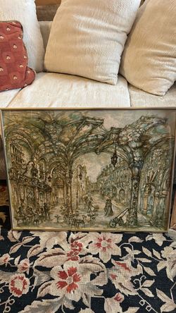 Vintage Large Framed European Street Scene Art Print
