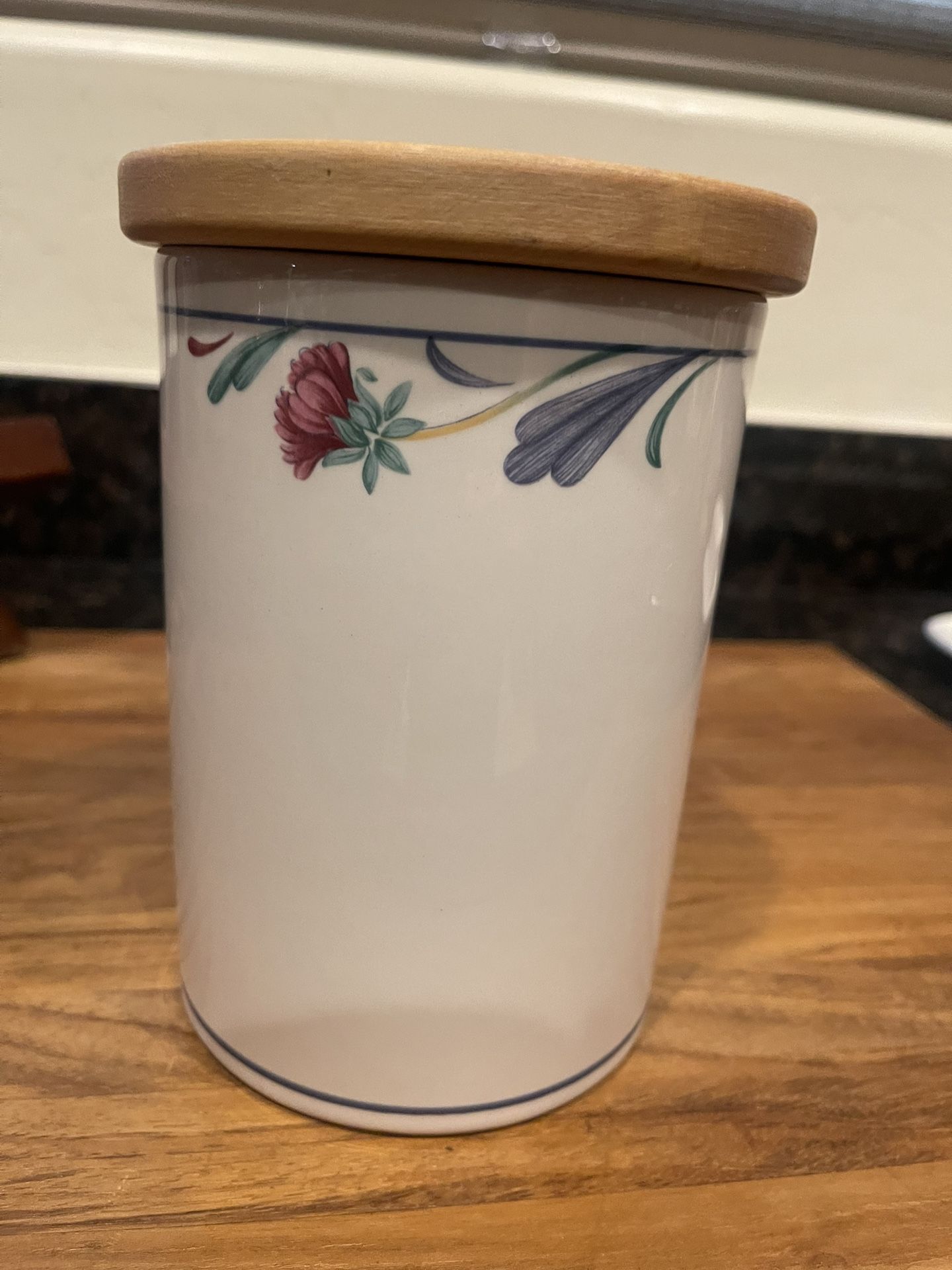 Lenox Poppies on Blue Large Canister With Wooden Lid