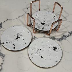 White and Black Splatter Coaster Set with Rose Gold Holder