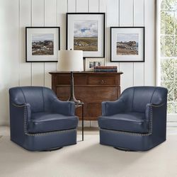 Modern Genuine Leather 360° Swivel Upholstered Accent Barrel Chair, Blue (Set of 2)