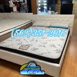 Queen Faux Leather White Bed Frame With Bamboo Mattress Complete Set Cama 