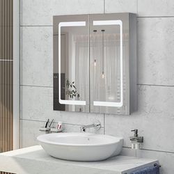 Janboe 24 Inch X 28 Inch Illuminated Led Mirror Cabinet For Bathroom Stainless Steel Wall Mounted Medicine Cabinet With Double Touch Switches For Clor