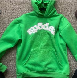 sp5der Green Graphic Print Fleece Rhinestone Hoodie Logo Pockets Men's Size L
