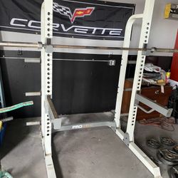Squat Rack With Bar, Weights And Bench