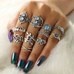 11pcs Blue Boho Vintage Silver Ring Stacking Set