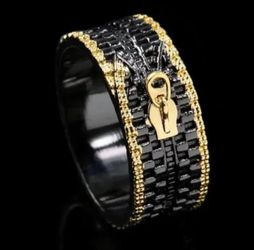 925 Sterling Silver black/gold plated zipper ring - Size 10 - New