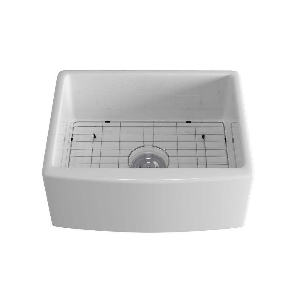 Eridanus White Ceramic 24 in. Single Bowl Farmhouse Apron Kitchen Sink with Grid and Strainer
