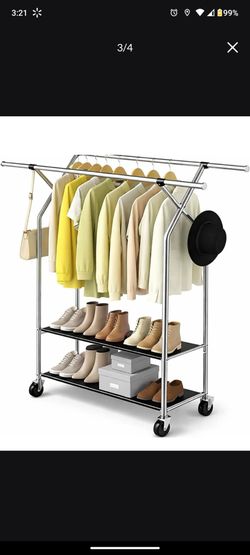 Heavy Duty Clothes Rack,Double Rods Clothing Rack for Hanging Clothes,Rolling Clothing Racks with Wheels,Metal Garment Rack for Bedroom Laundry Living