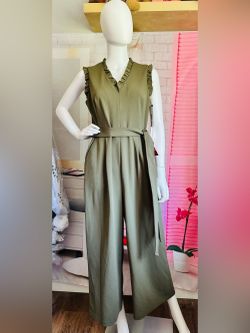 Calvin Klein Olive Green Ruffle Wide Leg Belted Jumpsuit