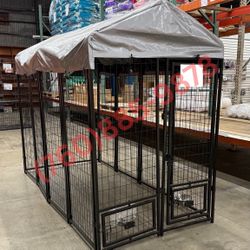 Outdoor Dog Kennel with Tarp Shade With Feeding Doors & Bowls  – 8x4x6 ft  (New in Box)
