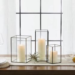 4444-84) Set of 3 Square Glass Hurricane Candle Holders, Clear Glass Framed in Vintage Brass, Pefect for Spa, Hotel, Festival, Home Decoration,(Bronze