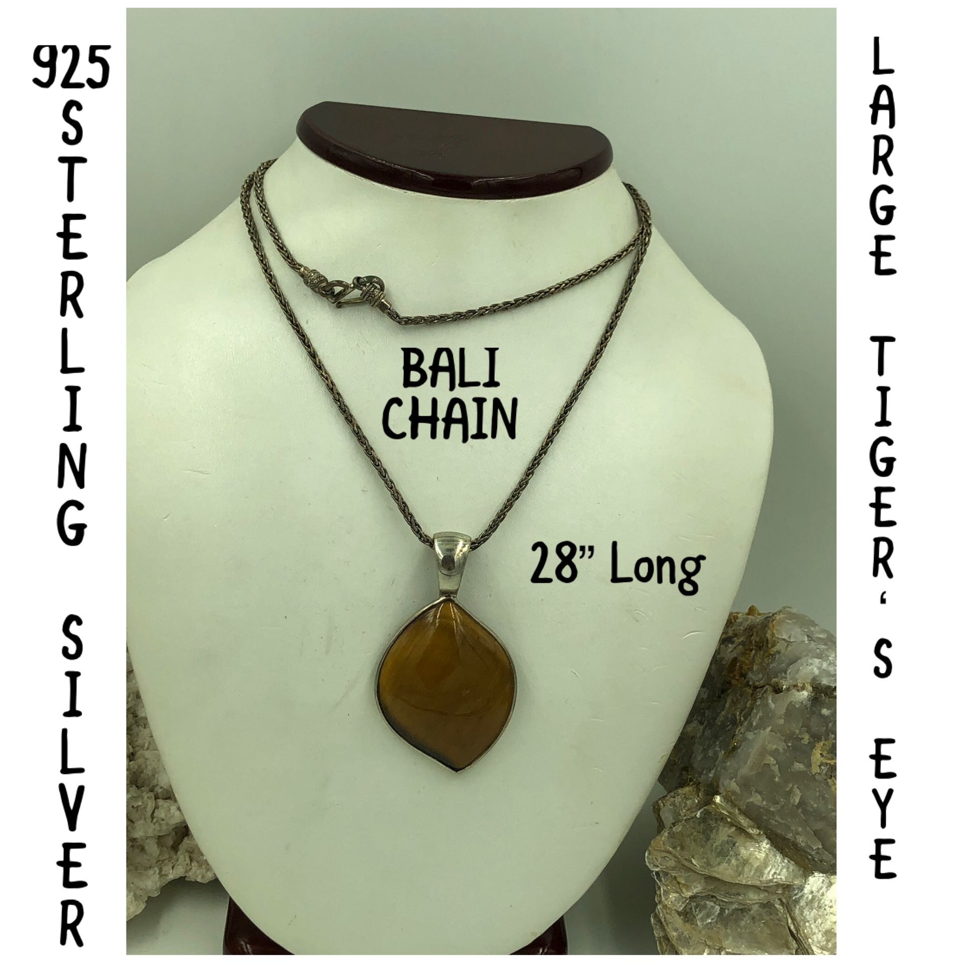 925 STER Silver L Tiger’s Eye Necklace 28” Long
