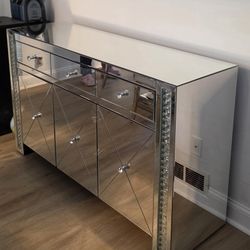 ​Modern Glam Mirrored Buffet Sideboard Credenza with Faux Crystal Inlays