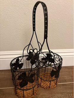 vintage metal wire and wicker double wine bottle holder
