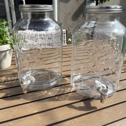 2 Large Glass Beverage Dispensers (Approx. 2 Gallon Each) w/ Spigots & Metal Lids
