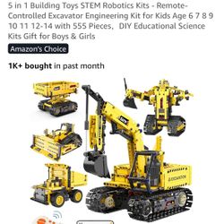 5 in 1 Building Toys STEM Robotics Kits - Remote-Controlled Excavator Engineering Kit for Kids Age 6 7 8 9 10 11 12-14 with 555 Pieces，DIY Educational