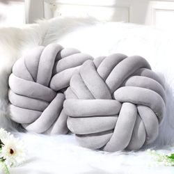Fumete 2 Pcs 14 Inches Knot Pillow Round Throw Soft Plush Knot Ball Pillow Handmade Knotted Modern Home Decorative Cushion for Bed Bedroom, Sofa, Couc