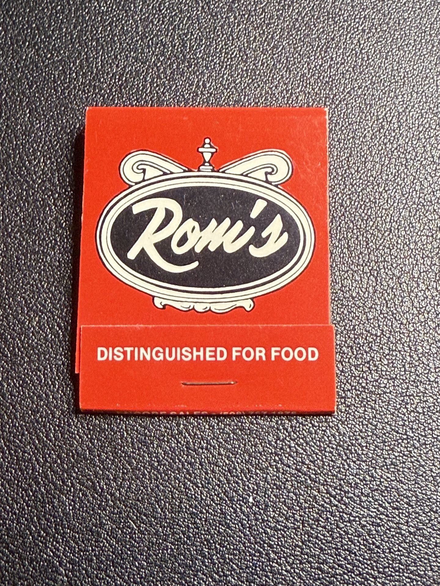 Vintage 1970s Matchbook Rom’s Italian Restaurant Sturbridge MA, Unused, Unstruck